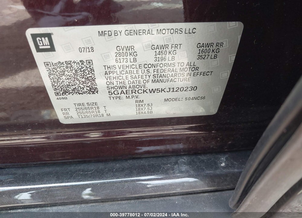 2019 BUICK ENCLAVE FWD PREMIUM VIN: 5GAERCKW5KJ120230