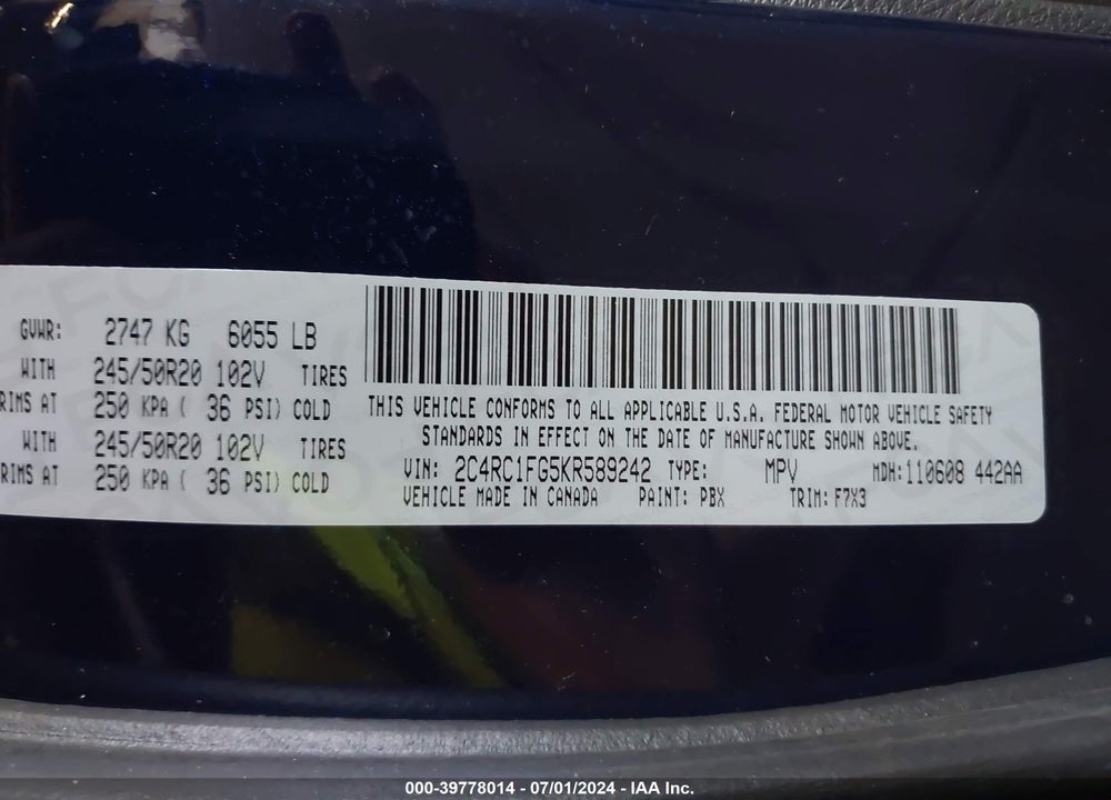 2019 CHRYSLER PACIFICA TOURING PLUS VIN: 2C4RC1FG5KR589242