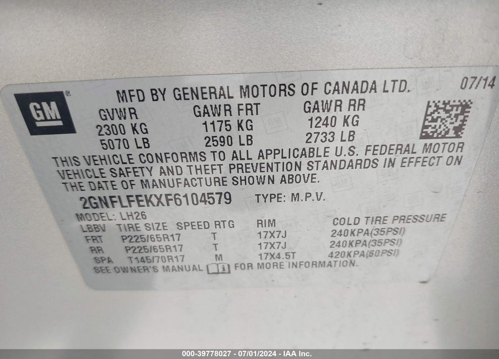 2015 CHEVROLET EQUINOX 1LT VIN: 2GNFLFEKXF6104579