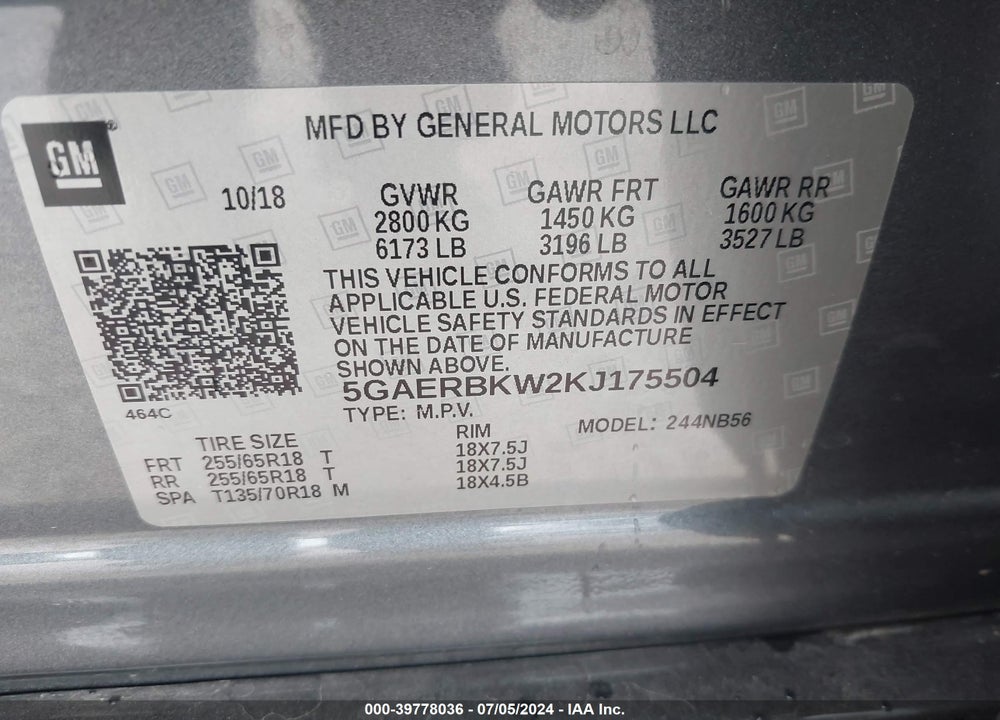 2019 BUICK ENCLAVE FWD ESSENCE VIN: 5GAERBKW2KJ175504