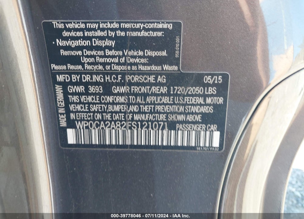 2015 PORSCHE BOXSTER VIN: WP0CA2A82FS121071