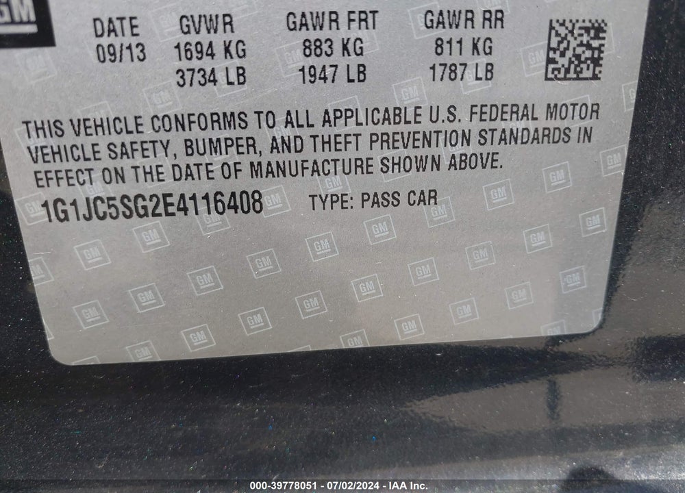 2014 CHEVROLET SONIC LT AUTO VIN: 1G1JC5SG2E4116408