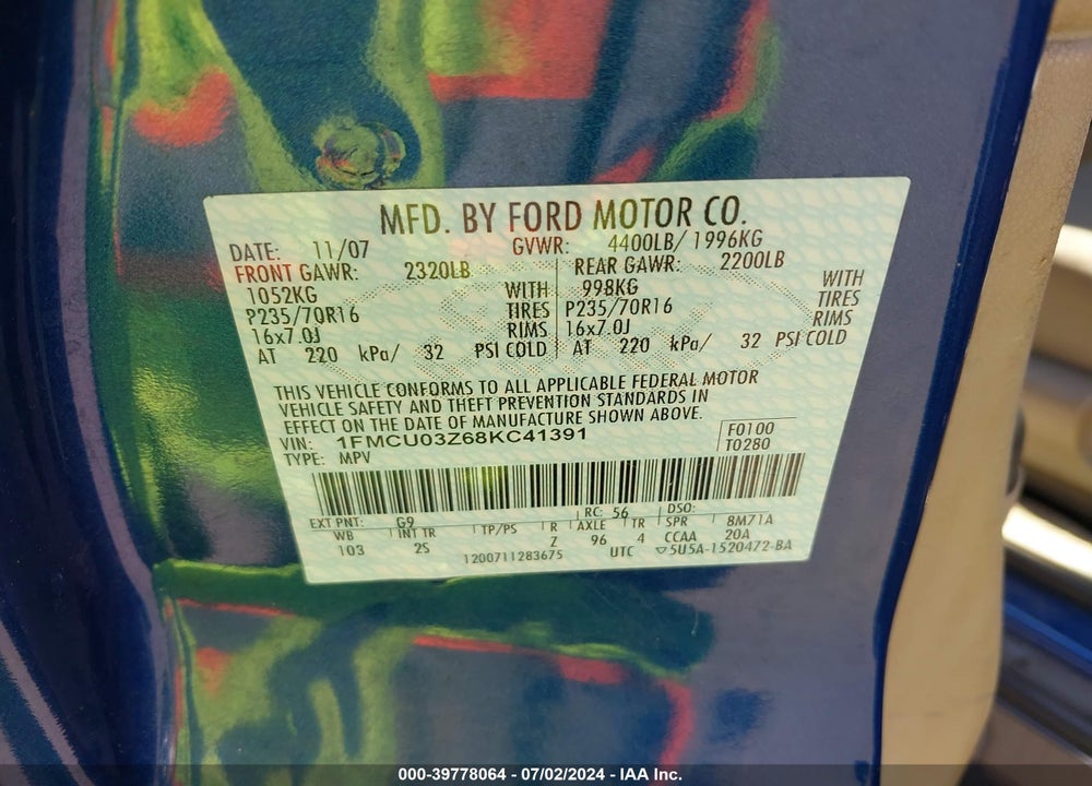 2008 FORD ESCAPE XLT VIN: 1FMCU03Z68KC41391