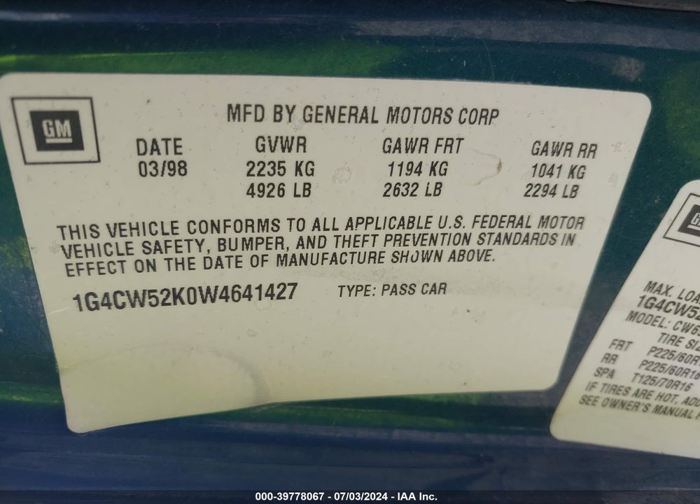 1998 BUICK PARK AVENUE VIN: 1G4CW52K0W4641427