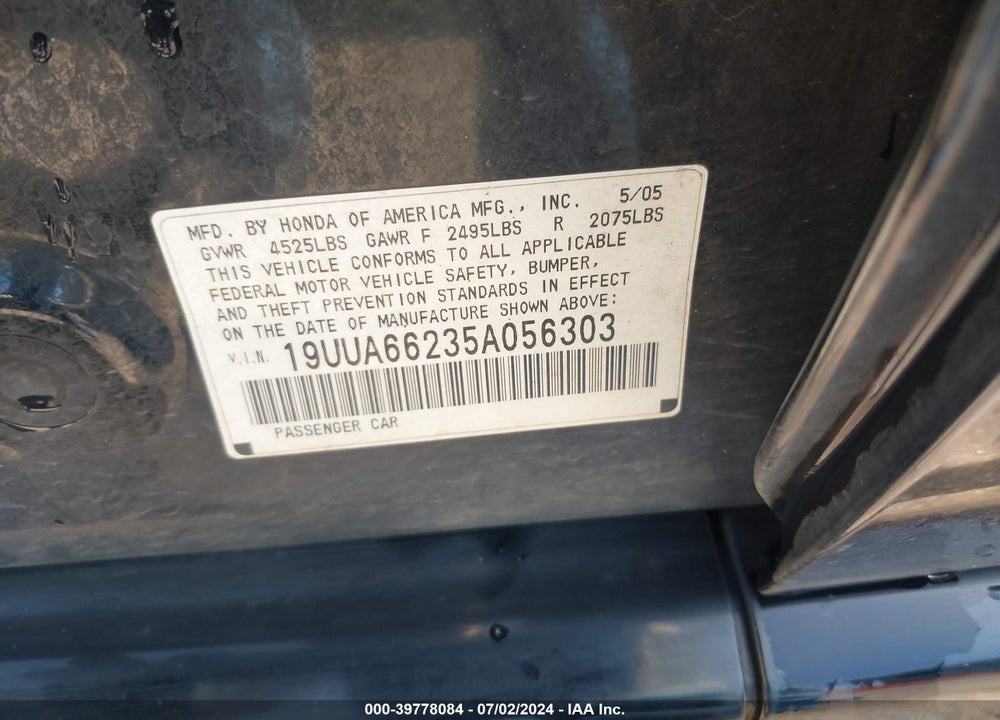 2005 ACURA TL VIN: 19UUA66235A056303