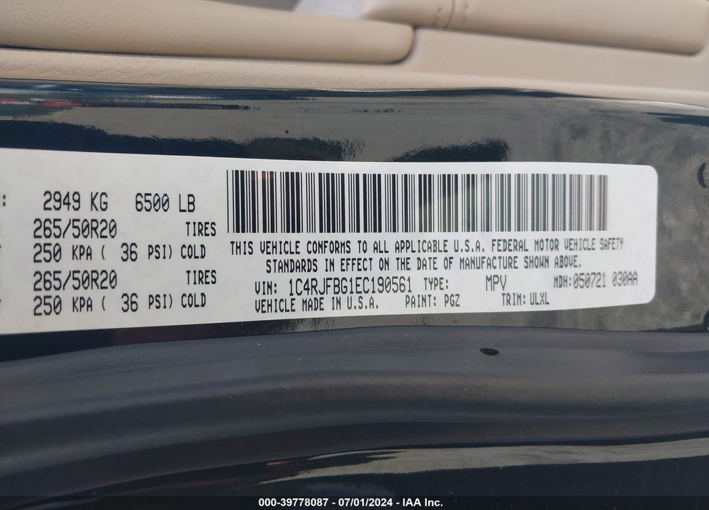 2014 JEEP GRAND CHEROKEE LIMITED VIN: 1C4RJFBG1EC190561