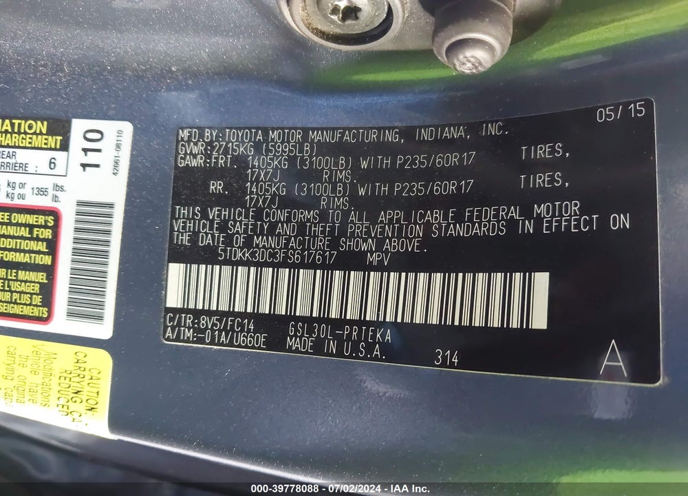 2015 TOYOTA SIENNA LE 8 PASSENGER VIN: 5TDKK3DC3FS617617