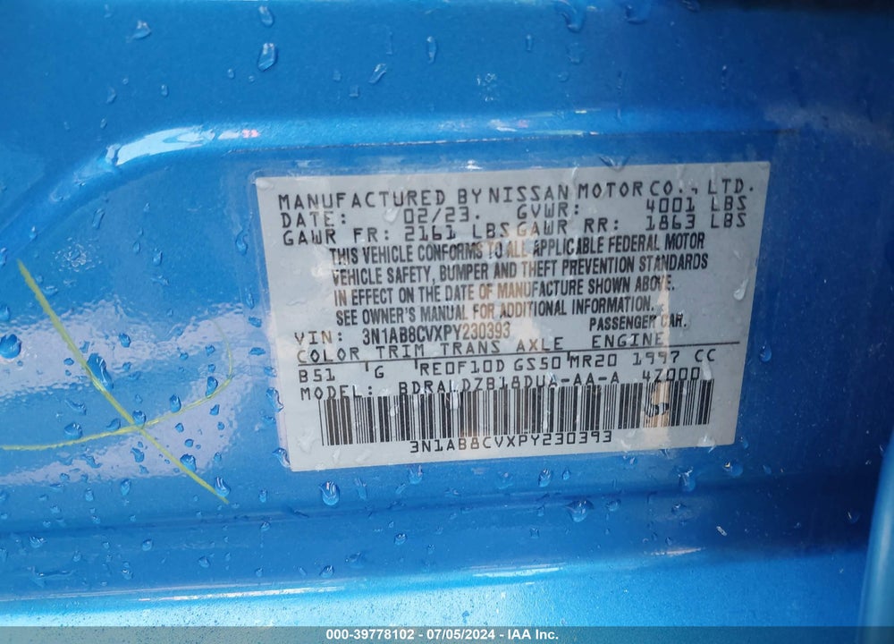 2023 NISSAN SENTRA SV XTRONIC CVT VIN: 3N1AB8CVXPY230393