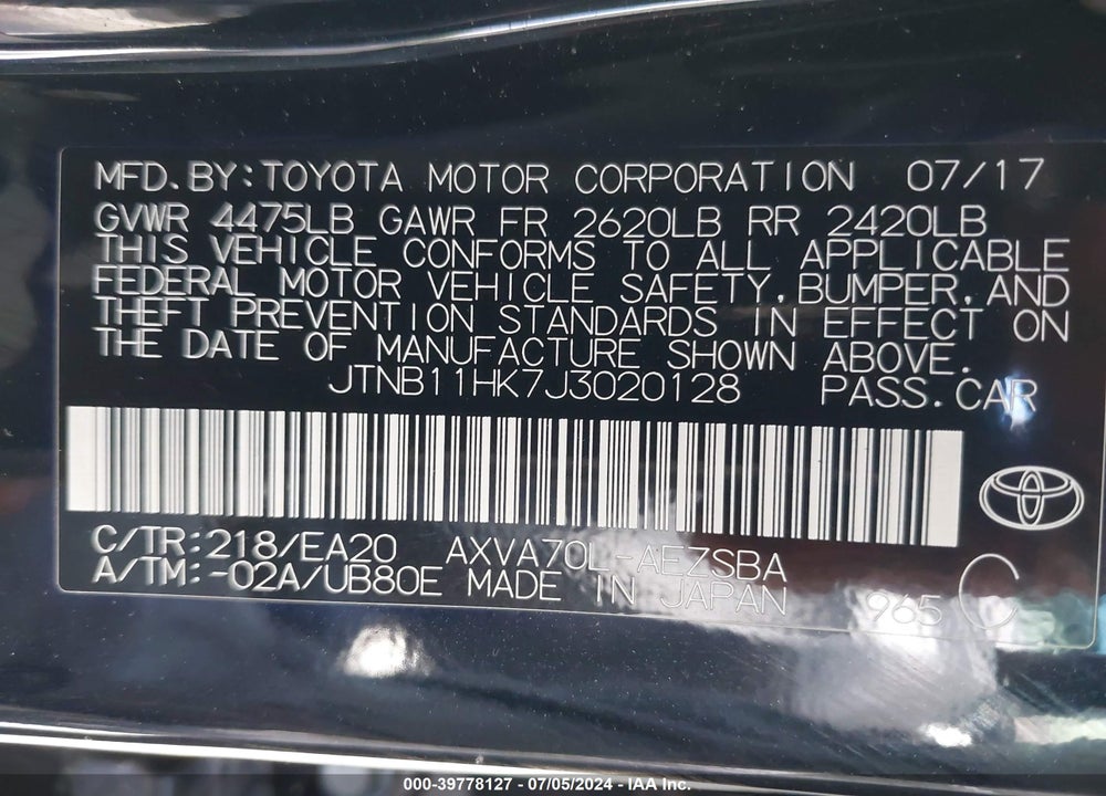 2018 TOYOTA CAMRY SE VIN: JTNB11HK7J3020128