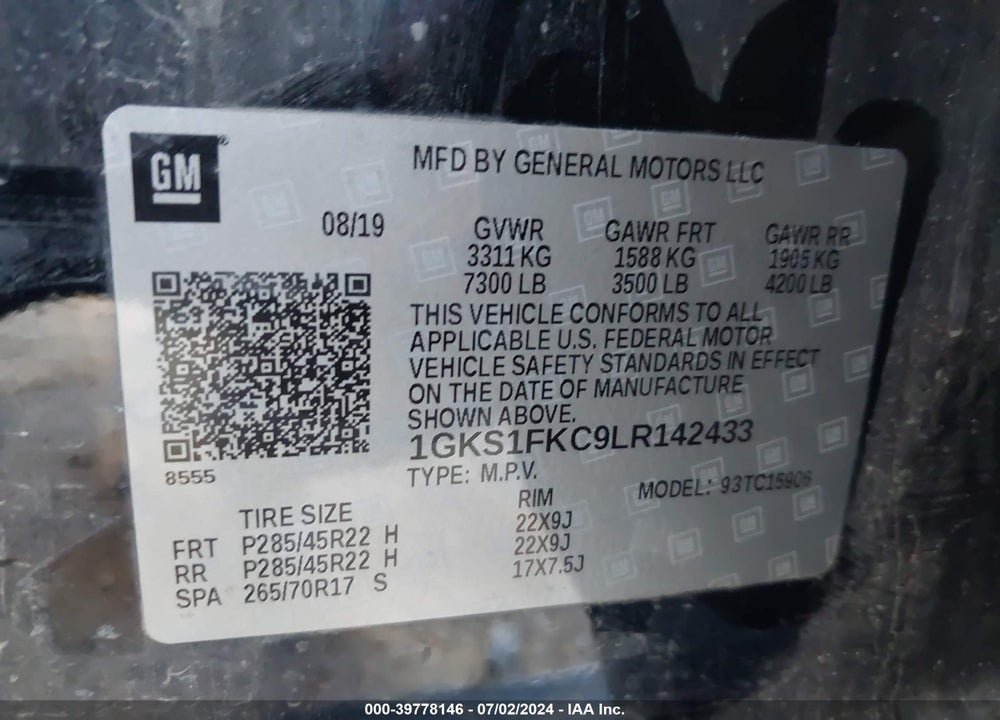2020 GMC YUKON XL 2WD SLE VIN: 1GKS1FKC9LR142433