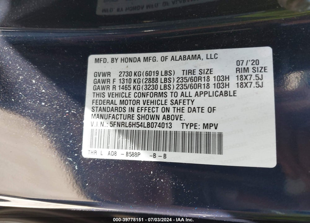 2020 HONDA ODYSSEY EX VIN: 5FNRL6H54LB074013