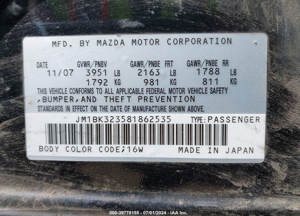2008 MAZDA 3 S TOURING VIN: JM1BK323581862535