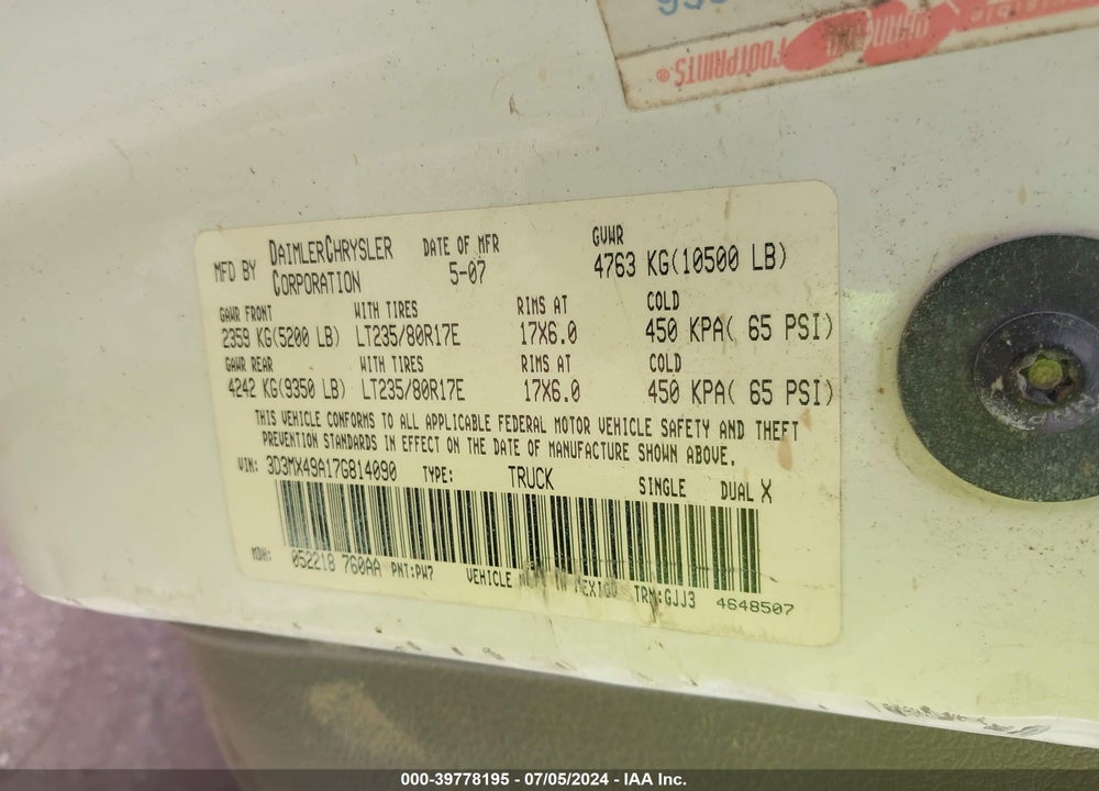 2007 DODGE RAM 3500 LARAMIE VIN: 3D3MX49A17G814090