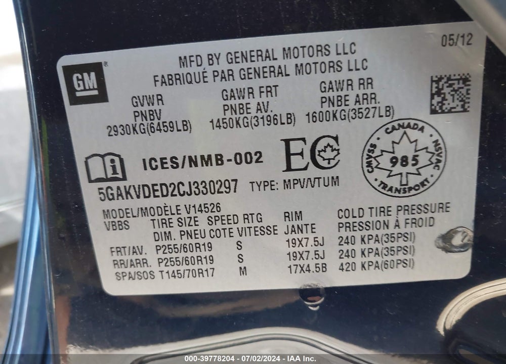 2012 BUICK ENCLAVE PREMIUM VIN: 5GAKVDED2CJ330297