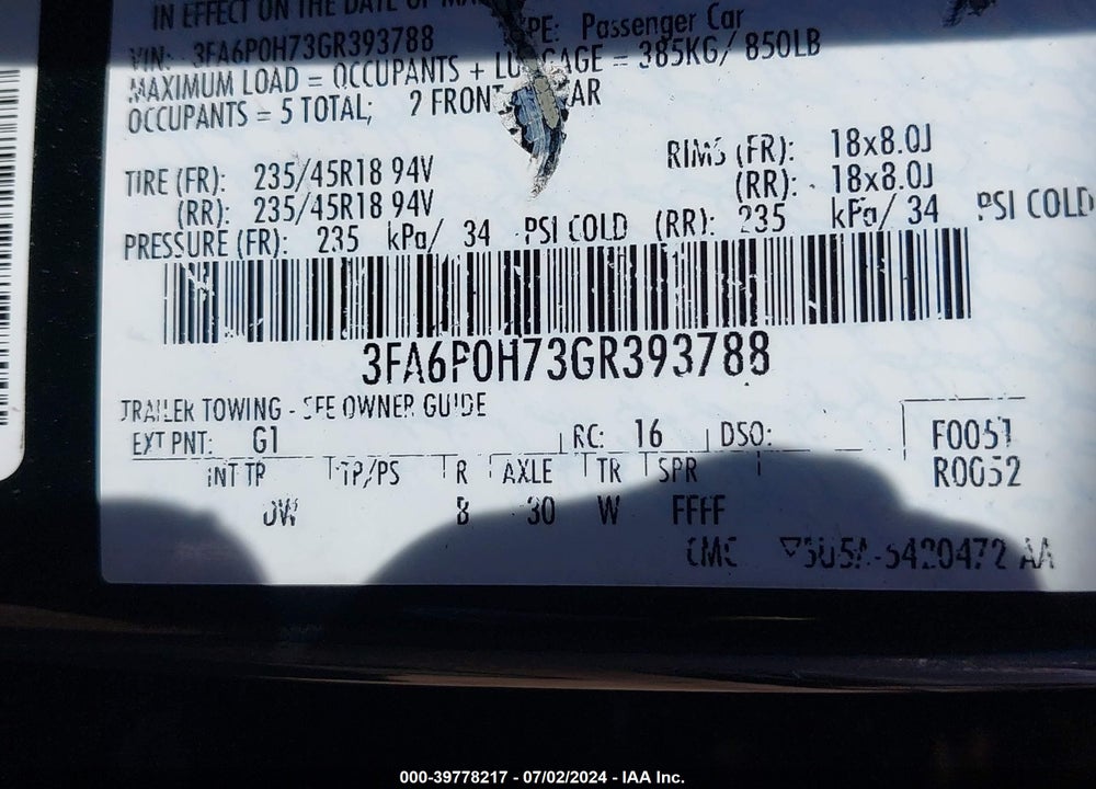 2016 FORD FUSION SE VIN: 3FA6P0H73GR393788