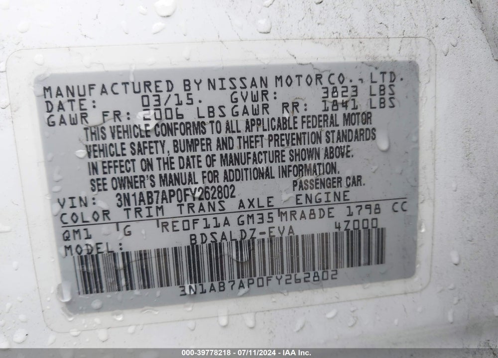 2015 NISSAN SENTRA FE+ S/S/SL/SR/SV VIN: 3N1AB7AP0FY262802