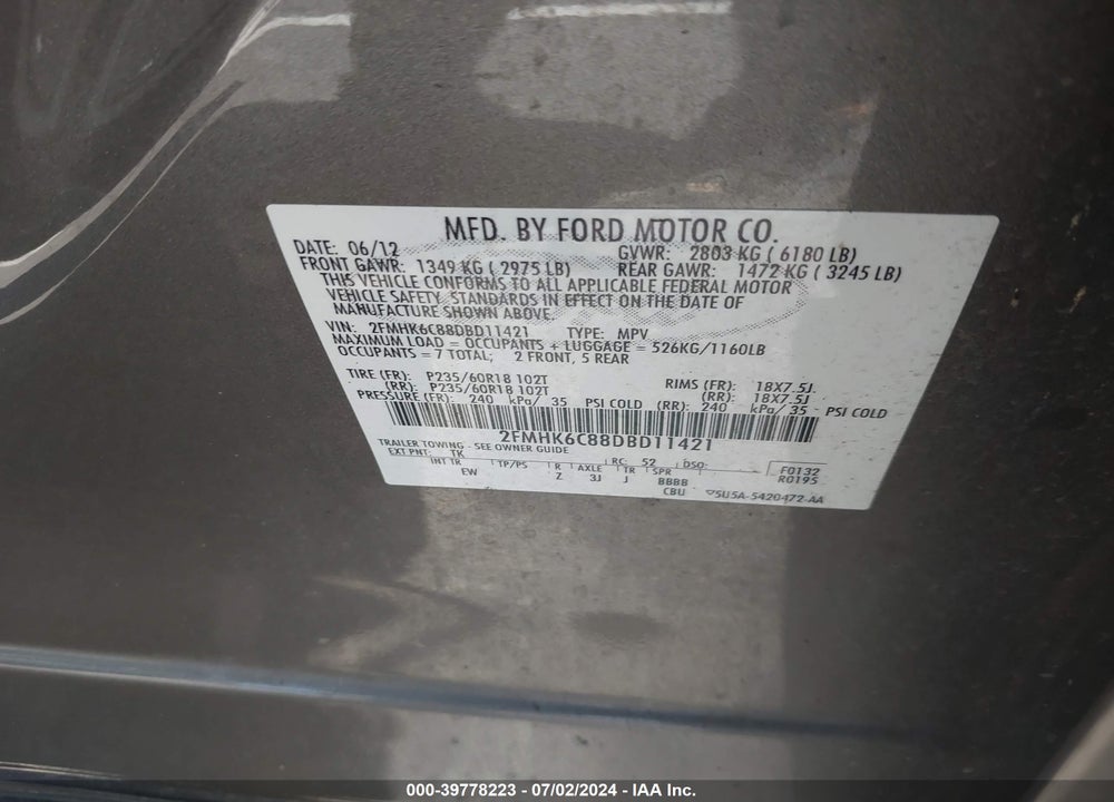 2013 FORD FLEX VIN: 2FMHK6C88DBD11421