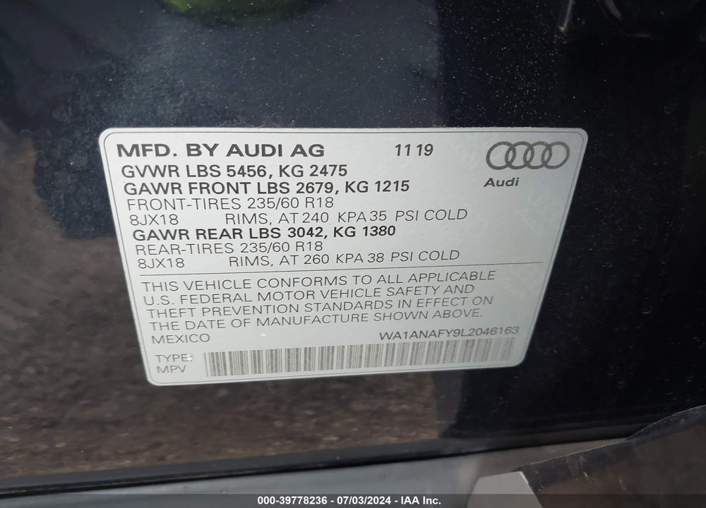 2020 AUDI Q5 PREMIUM 45 TFSI QUATTRO S TRONIC VIN: WA1ANAFY9L2046163
