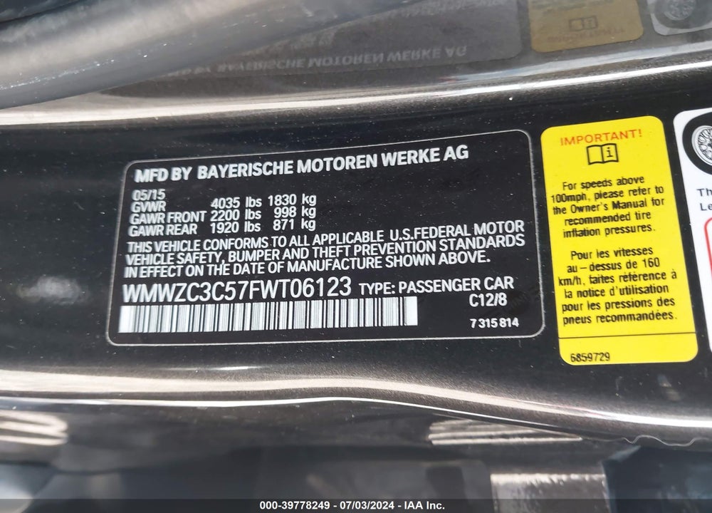 2015 MINI COUNTRYMAN COOPER S VIN: WMWZC3C57FWT06123