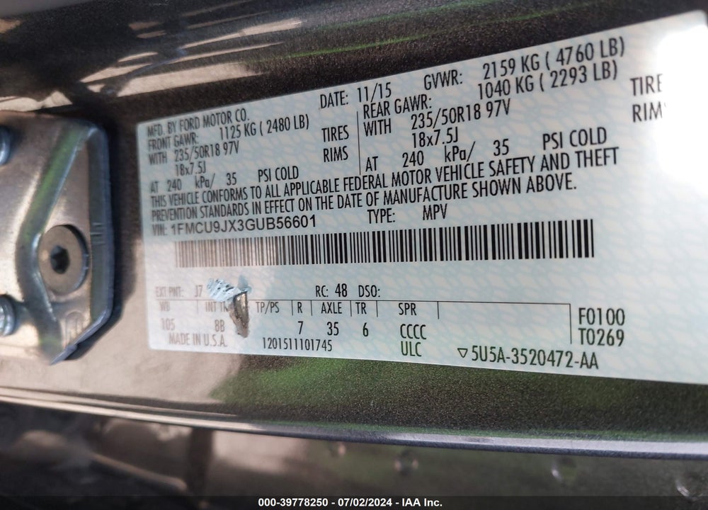 2016 FORD ESCAPE TITANIUM VIN: 1FMCU9JX3GUB56601