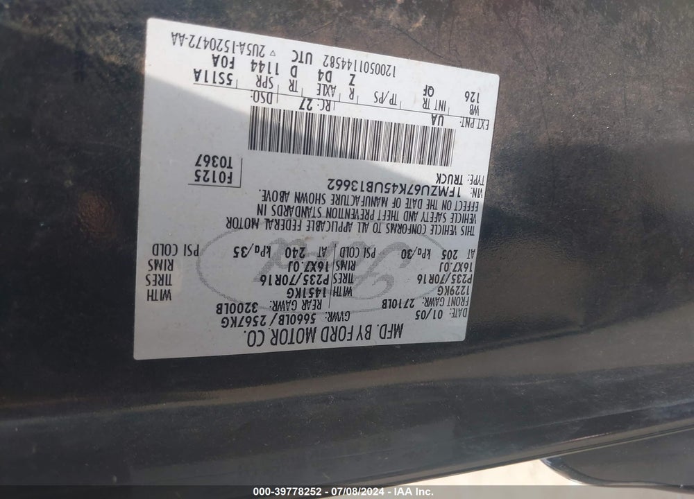 2005 FORD EXPLORER SPORT TRAC ADRENALIN/XLS/XLT VIN: 1FMZU67K45UB13662
