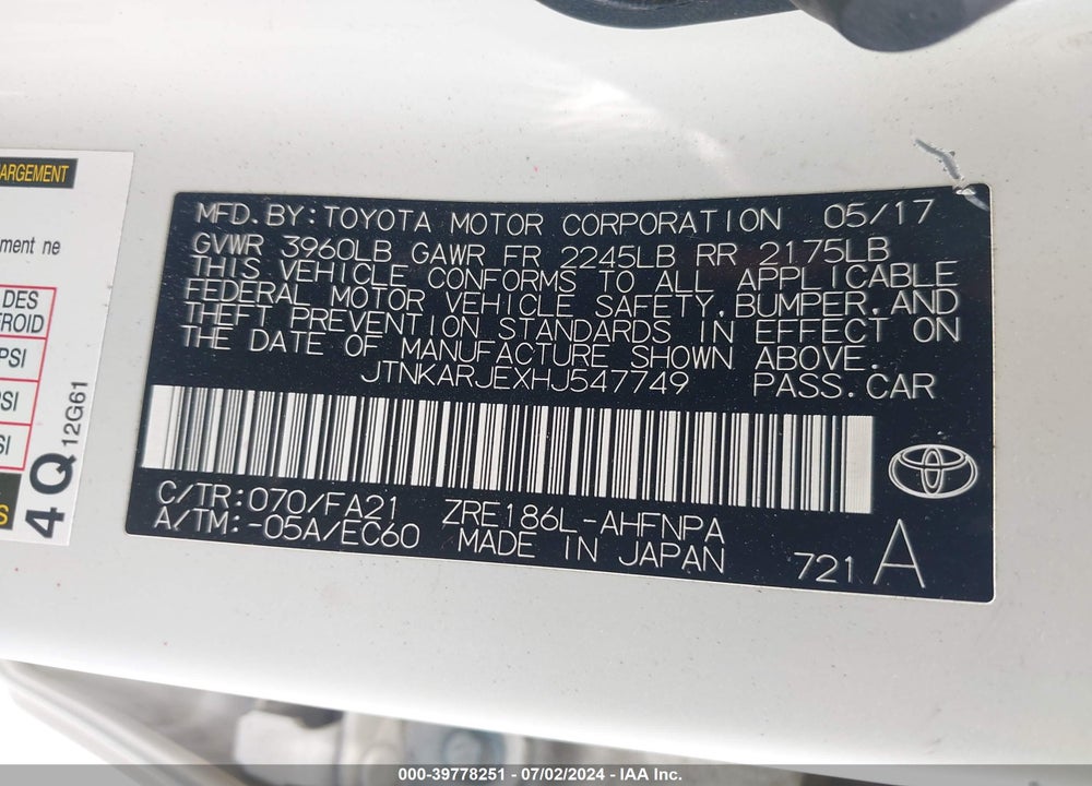 2017 TOYOTA COROLLA IM VIN: JTNKARJEXHJ547749