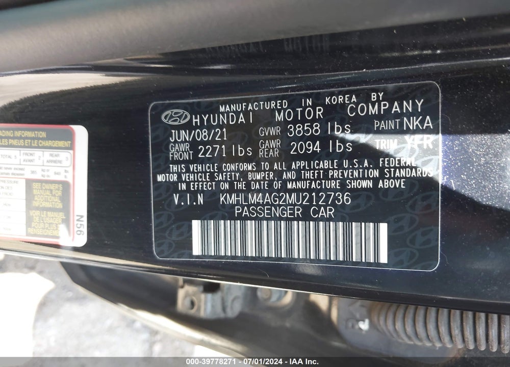 2021 HYUNDAI ELANTRA SEL VIN: KMHLM4AG2MU212736