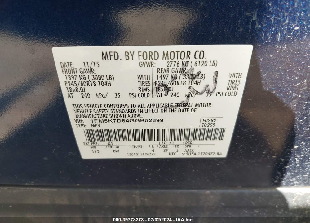 2016 FORD EXPLORER XLT VIN: 1FM5K7D84GGB52899