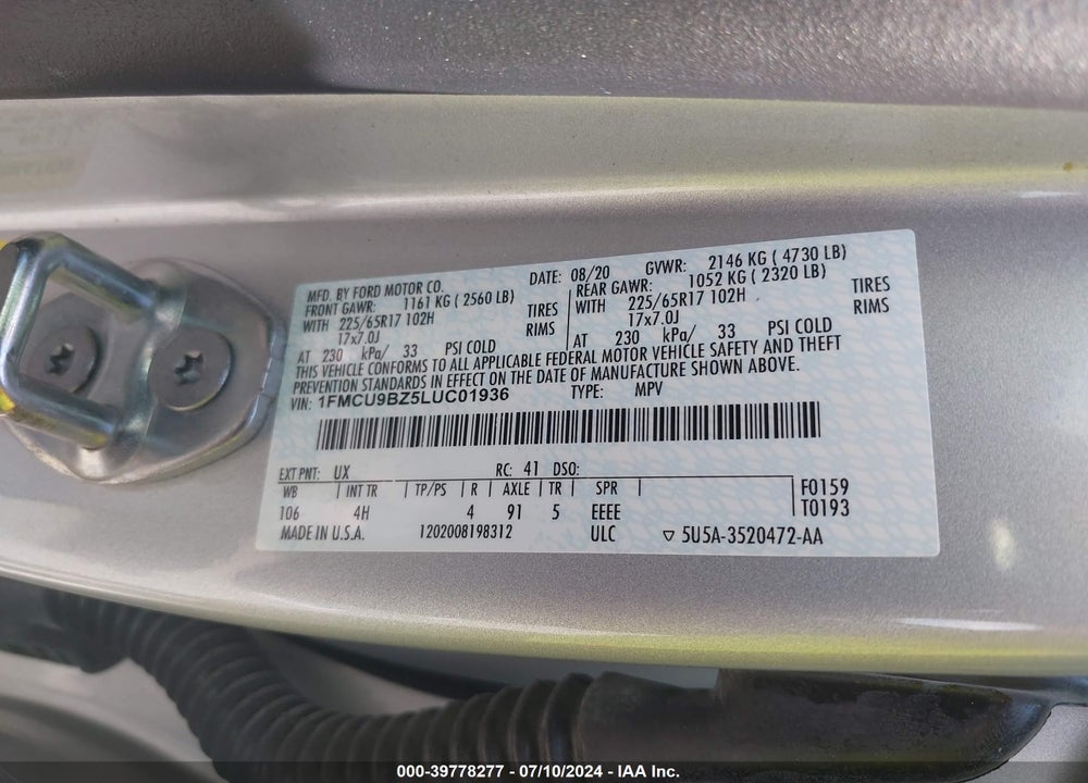 2020 FORD ESCAPE SE SPORT HYBRID VIN: 1FMCU9BZ5LUC01936