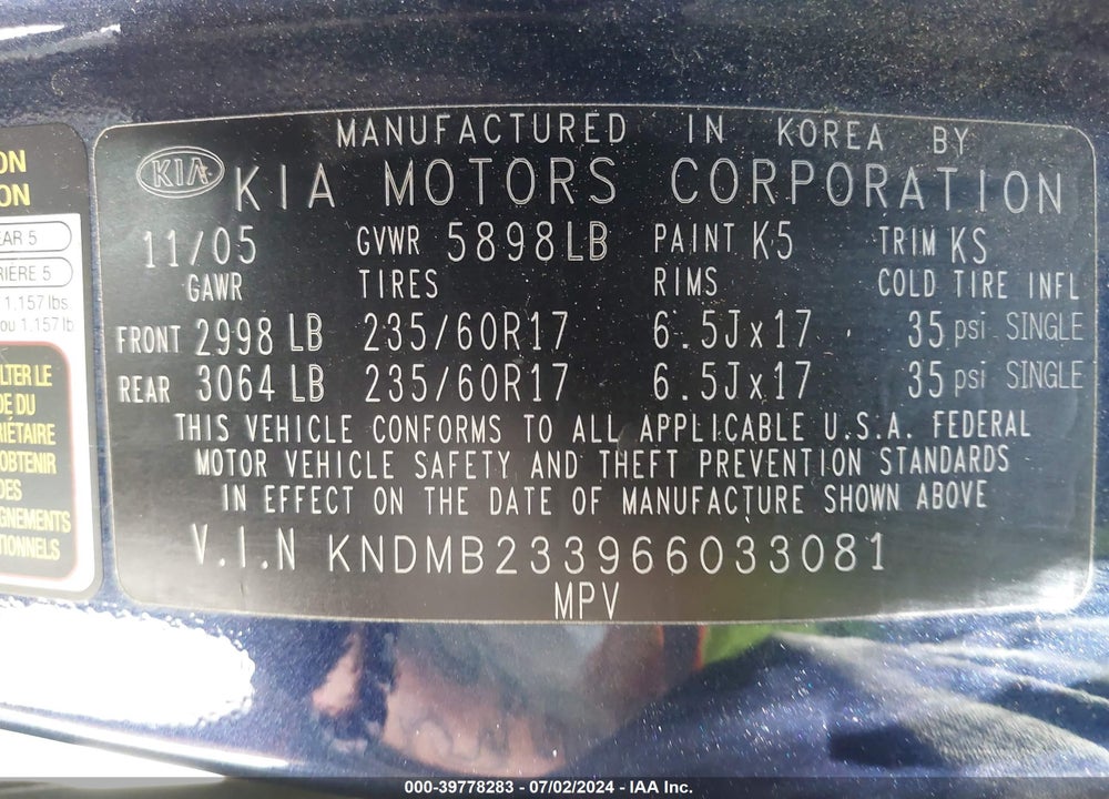 2006 KIA SEDONA EX/LX VIN: KNDMB233966033081
