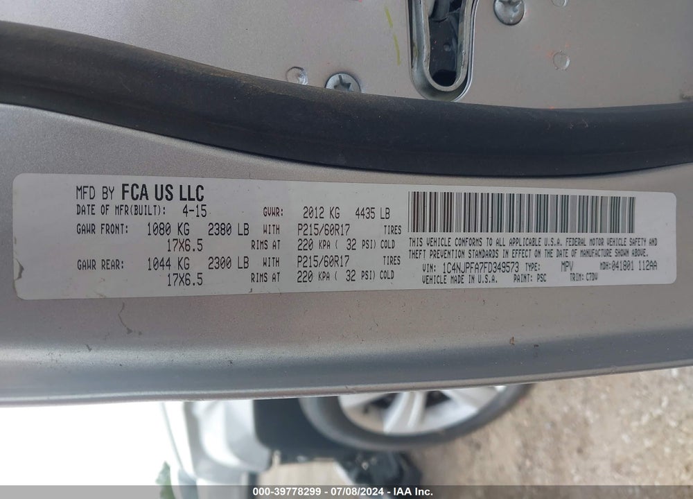2015 JEEP PATRIOT LATITUDE VIN: 1C4NJPFA7FD349573