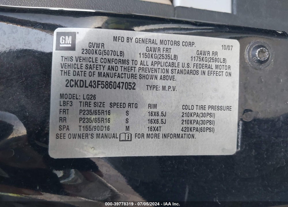 2008 PONTIAC TORRENT VIN: 2CKDL43F586047052