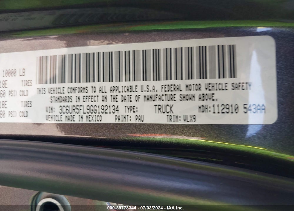 2016 RAM 2500 VIN: 3C6UR5FL9GG192134