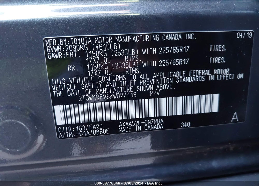 2019 TOYOTA RAV4 XLE VIN: 2T3W1RFV6KW027118