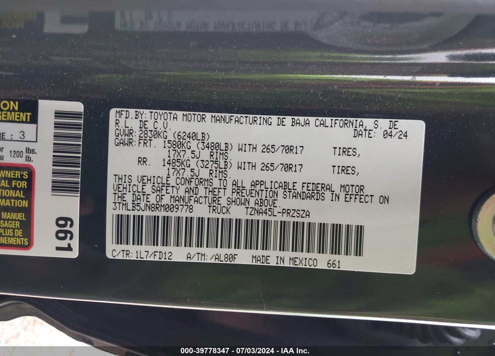 2024 TOYOTA TACOMA TRD OFF ROAD VIN: 3TMLB5JN8RM009778