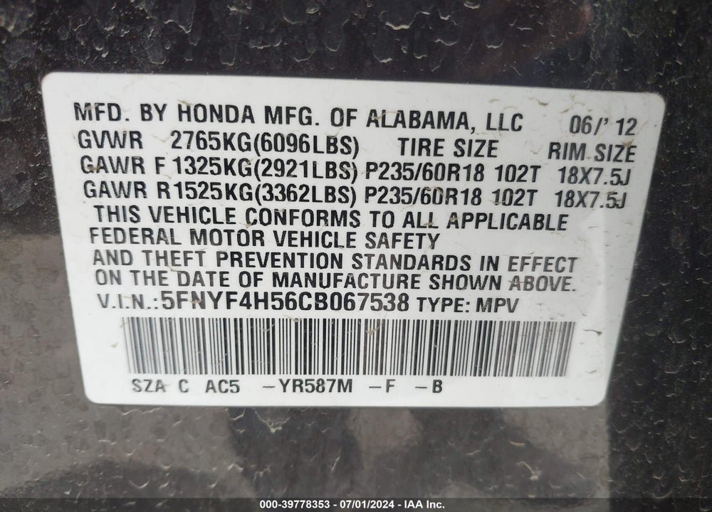 2012 HONDA PILOT EX-L VIN: 5FNYF4H56CB067538