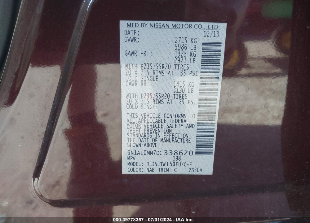 2013 INFINITI JX35 VIN: 5N1AL0MM7DC338620