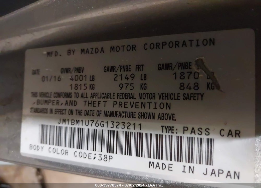 2016 MAZDA MAZDA3 VIN: JM1BM1U76G1323211