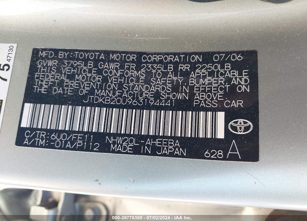 2006 TOYOTA PRIUS VIN: JTDKB20U963194441
