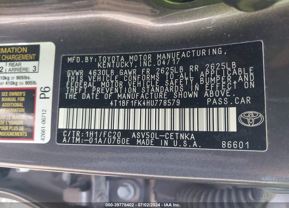 2017 TOYOTA CAMRY LE VIN: 4T1BF1FK4HU778579