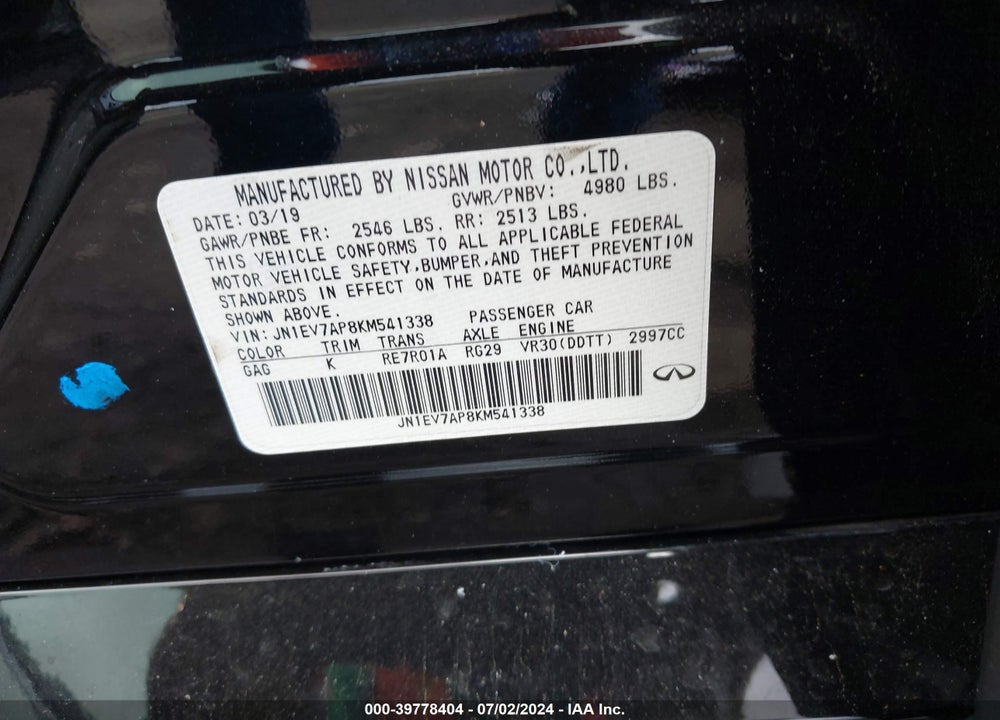2019 INFINITI Q50 3.0T LUXE VIN: JN1EV7AP8KM541338