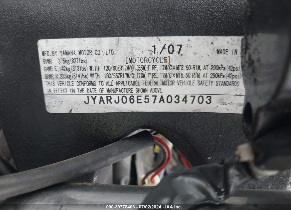 2007 YAMAHA YZFR6 S VIN: JYARJ06E57A034703