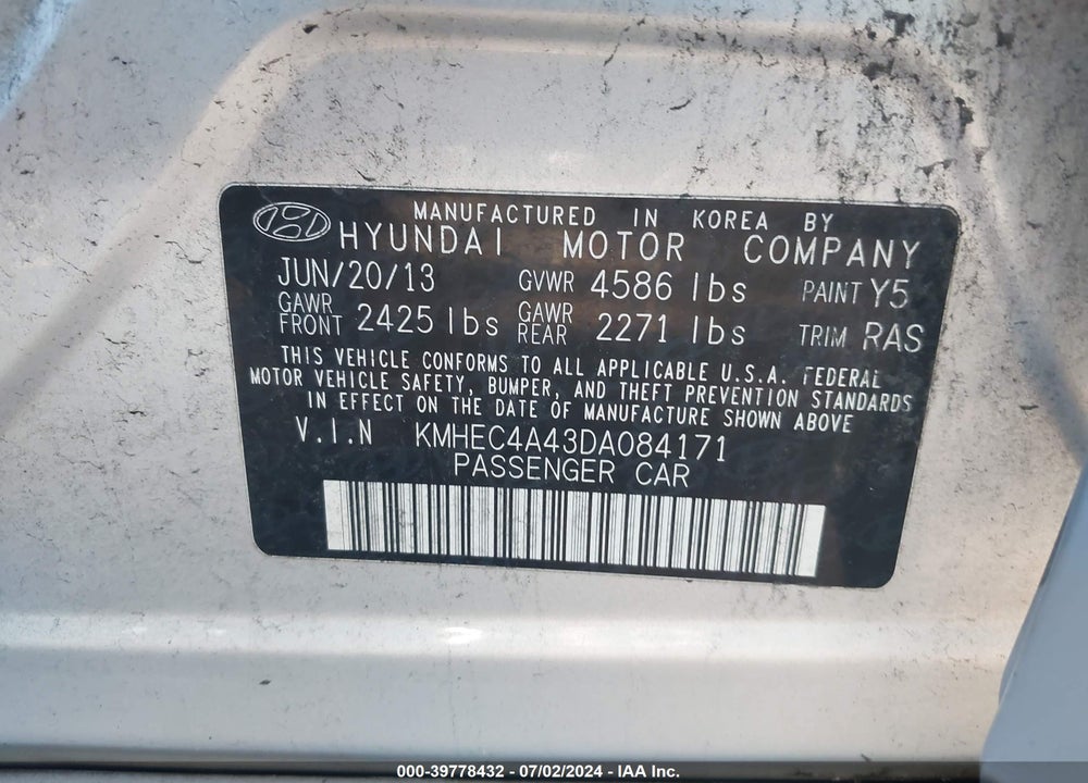 2013 HYUNDAI SONATA HYBRID LIMITED VIN: KMHEC4A43DA084171