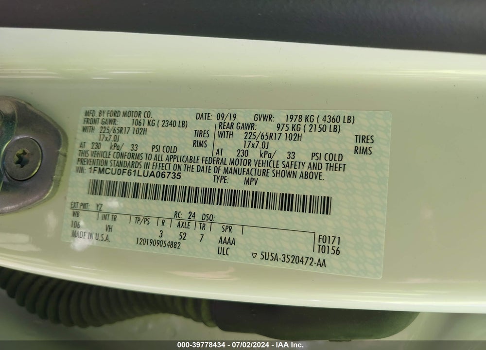 2020 FORD ESCAPE S VIN: 1FMCU0F61LUA06735