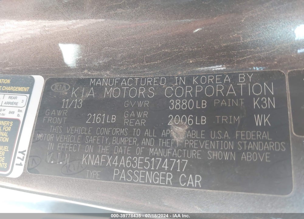 2014 KIA FORTE LX VIN: KNAFX4A63E5174717