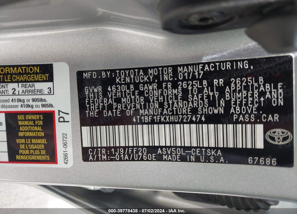 2017 TOYOTA CAMRY SE VIN: 4T1BF1FKXHU727474