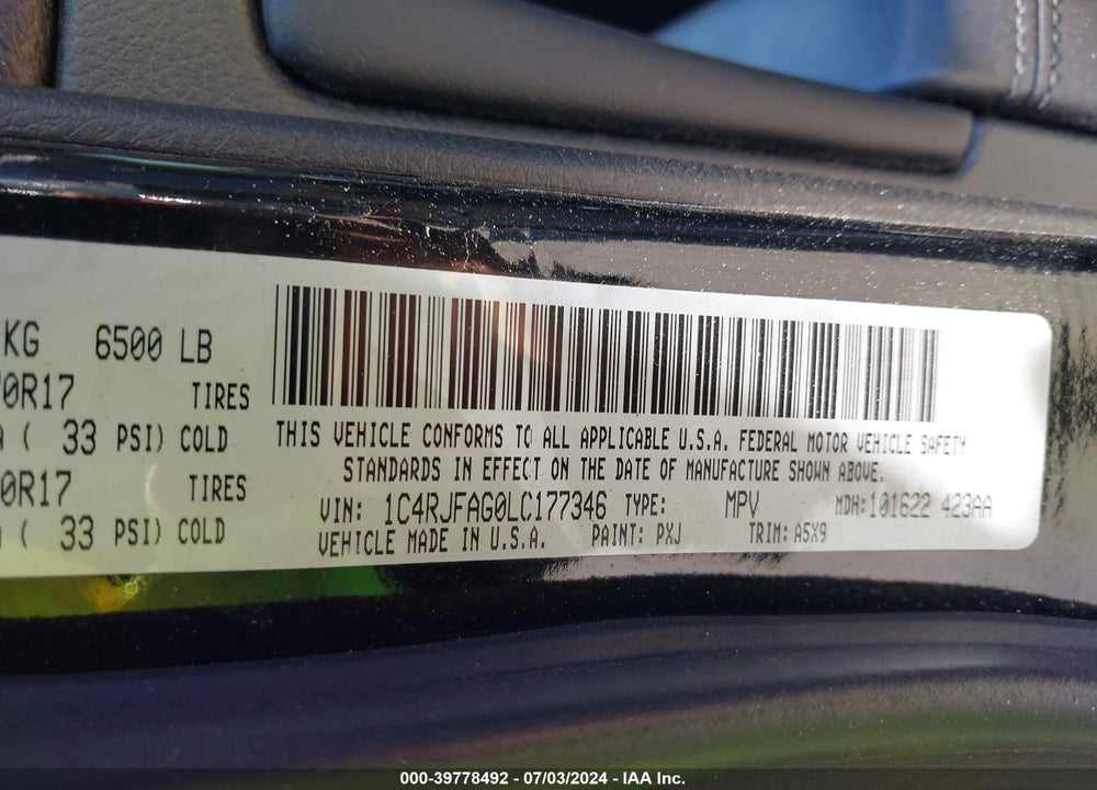 2020 JEEP GRAND CHEROKEE LAREDO E 4X4 VIN: 1C4RJFAG0LC177346