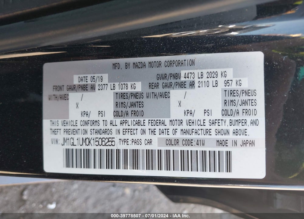 2019 MAZDA 6 SPORT VIN: JM1GL1UM0K1506255