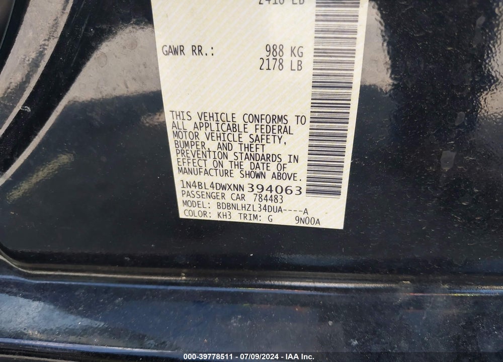 2022 NISSAN ALTIMA SV INTELLIGENT AWD VIN: 1N4BL4DWXNN394063