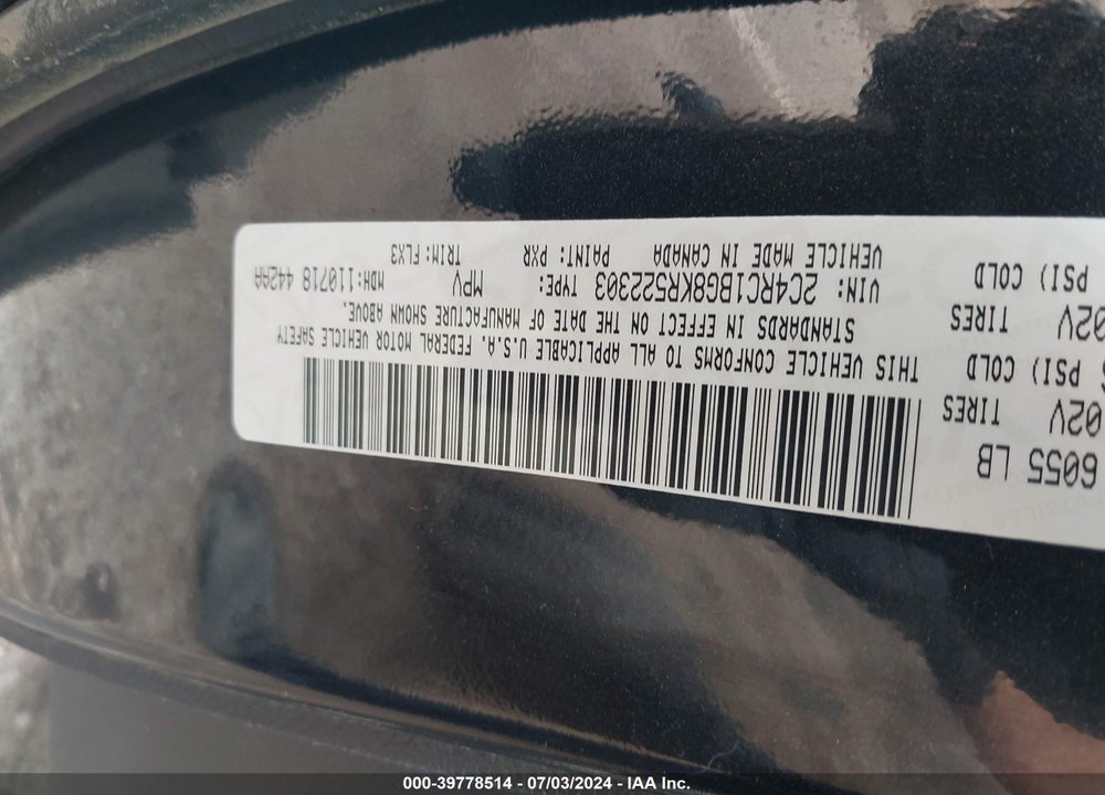 2019 CHRYSLER PACIFICA TOURING L VIN: 2C4RC1BG8KR522303
